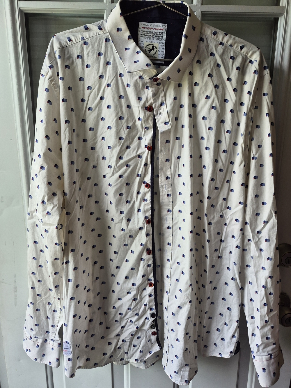 Men's White Dress Shirt with Navy Dot Print